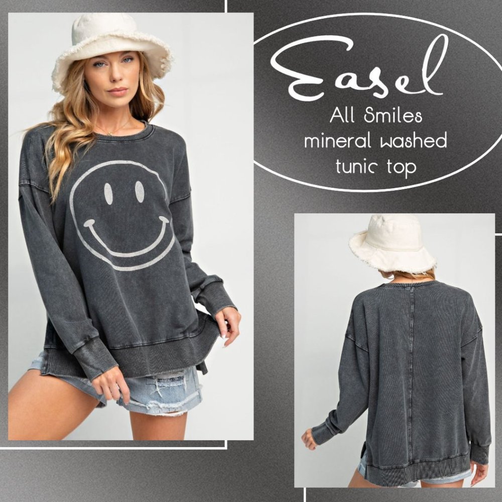 EASEL "All Smiles"  Mineral Washed 100% Soft Cotton Terry Knit Tunic Side Slits